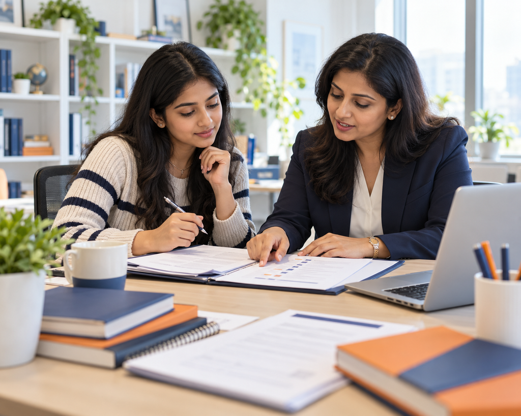 Indian student receiving university application guidance from an education counsellor