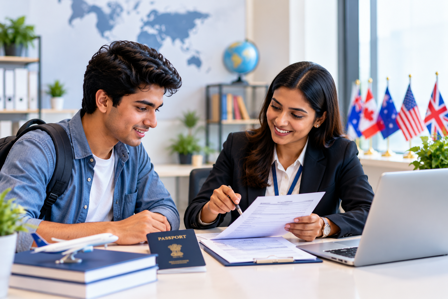 Education counsellor helping a student review visa application documents